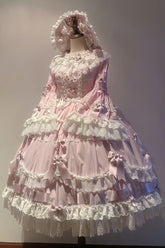 Rosa Rundhals Lang Trompetenärmel Hanayome Schleife Spitze Täglich Süß Elegant Prinzessin Lolita Kleid